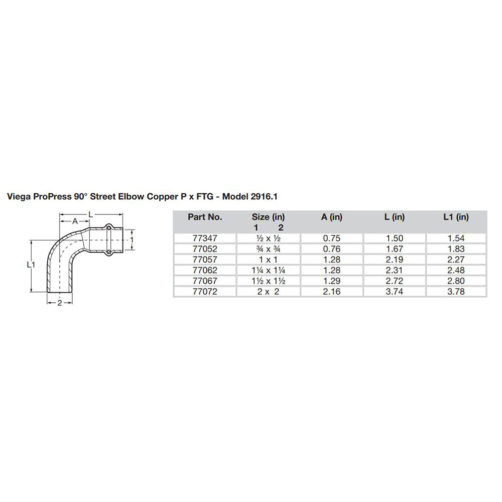 Viega ProPress 2 90 Copper Elbow StreetPress Connection Smart Connect Technology 77072