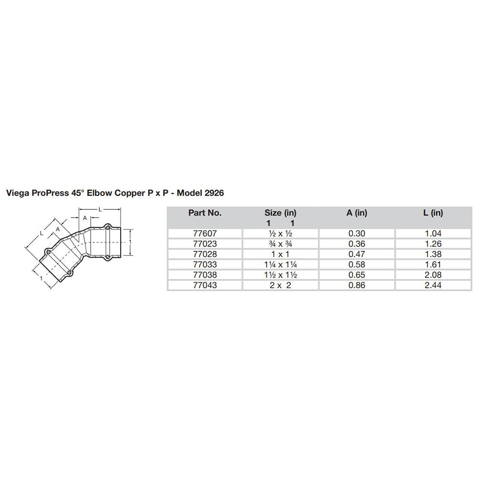 Viega ProPress 2 45 Copper Elbow Double Press Connection Smart Connect Technology 77043