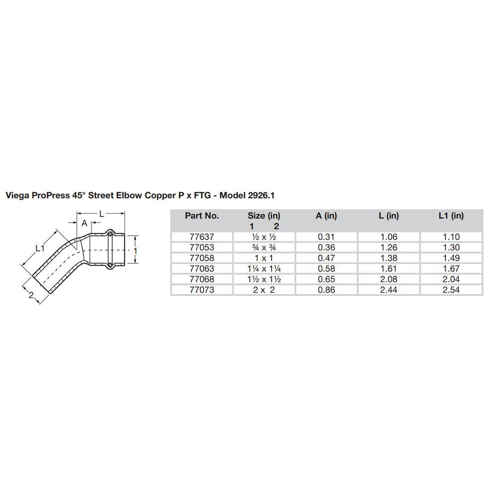 Viega ProPress 1 45 Copper Elbow StreetPress Connection Smart Connect Technology 77058