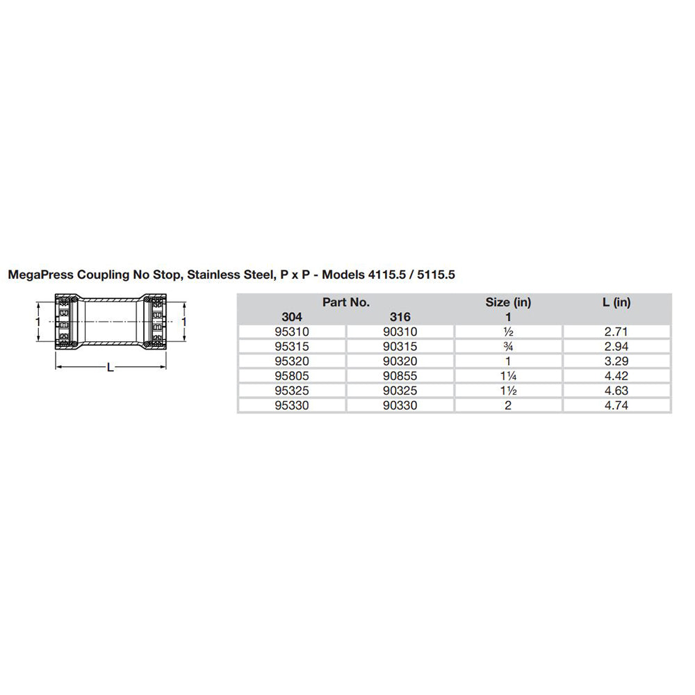Viega MegaPress 112 Stainless Steel 304 Coupling wo Stop Double Press Connection Smart Connect Technology 95325