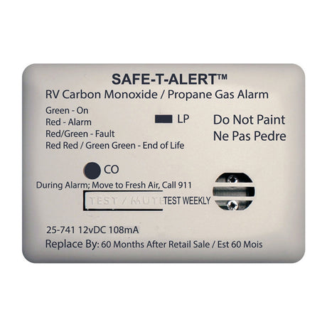 SafeTAlert 25 Series Surface Mount Dual Carbon MonoxidePropane Alarm  12V Hardwire  White 25741WT