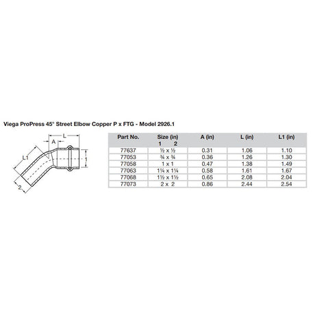 Viega ProPress 1  45 Copper Elbow  StreetPress Connection  Smart Connect Technology 77058