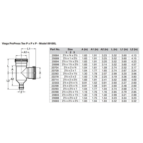 Viega ProPress 212 Copper Tee  Triple Press Connection  Smart Connect Technology 20683