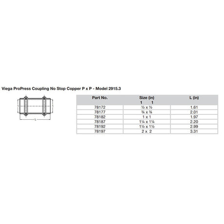 Viega ProPress 112 Copper Coupling wo Stop  Double Press Connection  Smart Connect Technology 78192