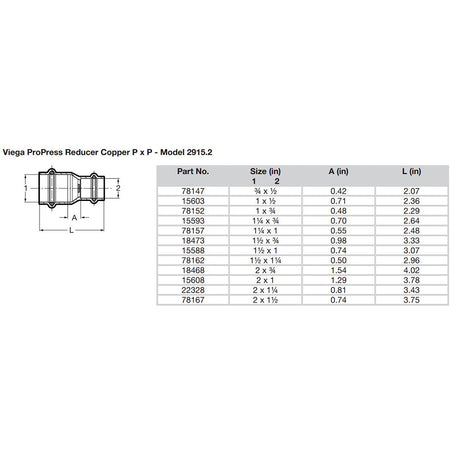 Viega ProPress 112 x 1 Copper Reducer  Double Press Connection  Smart Connect Technology 15588