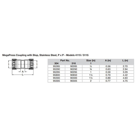 Viega MegaPress 1 Stainless Steel 304 Coupling wStop  Double Press Connection  Smart Connect Technology 95295