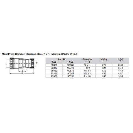 Viega MegaPress 1 x 34 Stainless Steel 304 Reducer  Double Press Connection  Smart Connect Technology 95340