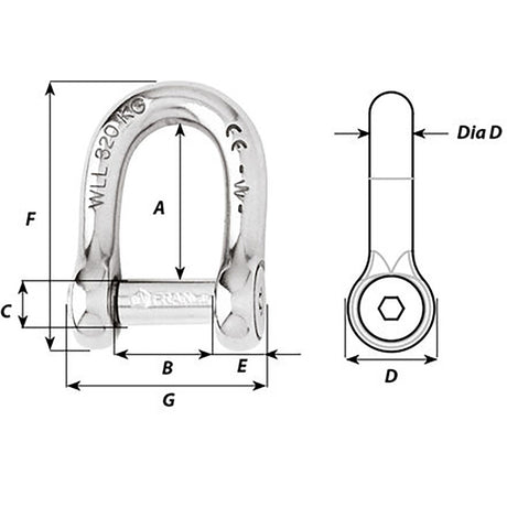 Wichard SelfLocking Allen Head Pin D Shackle  12mm Diameter  1532 01306