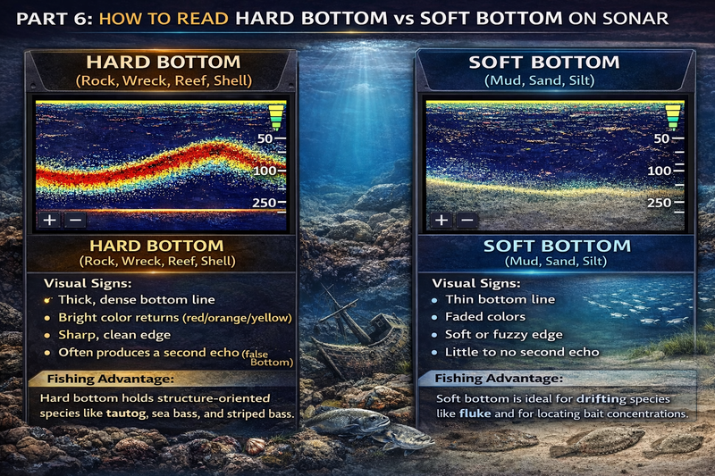 fish finder sonar display hard bottom vs soft mud red fish arches